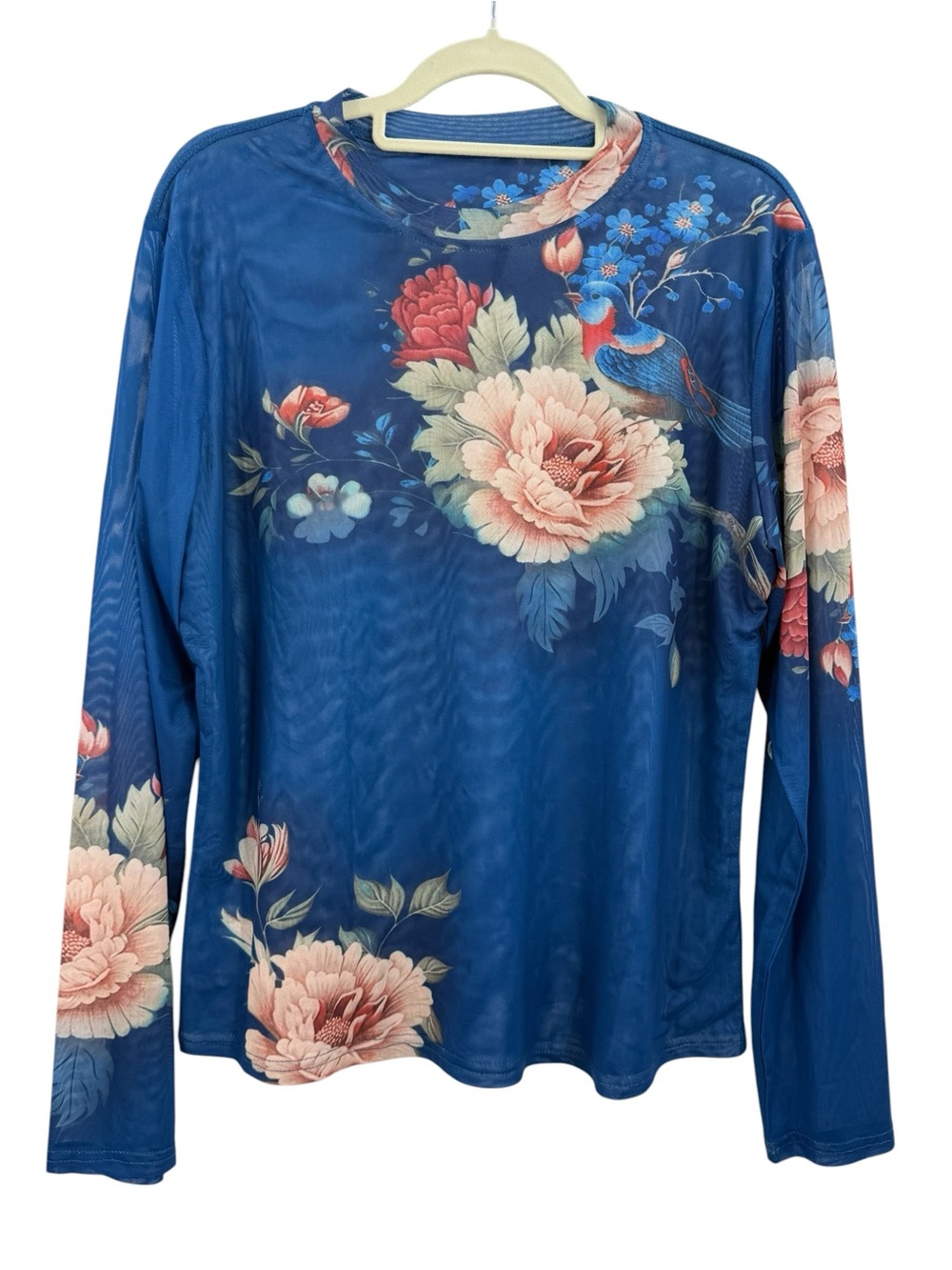 Cottagecore Fairy Grunge Blue Mesh Floral Bird Print Top Sheer Long Sleeve XXL